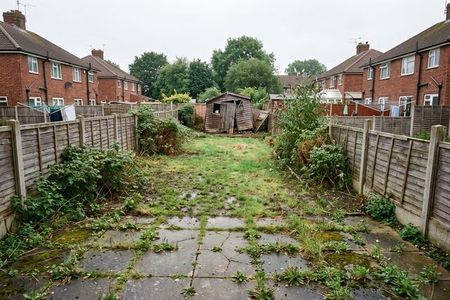 Before: the same garden with a cracked patio and overgrown beds.
