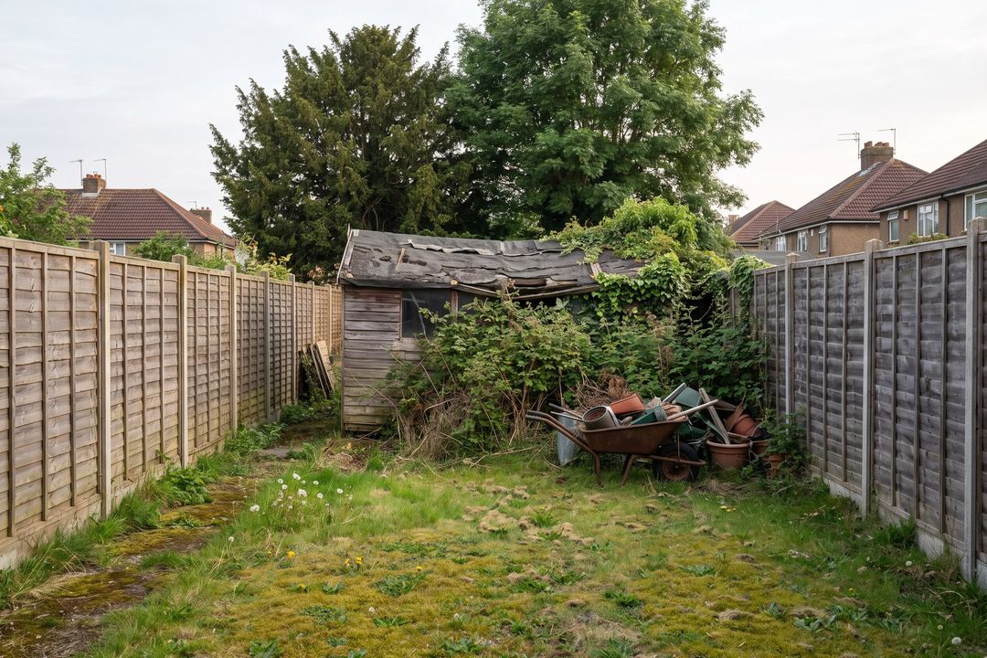 Before: the end of a long garden with a collapsing shed, brambles and clutter.